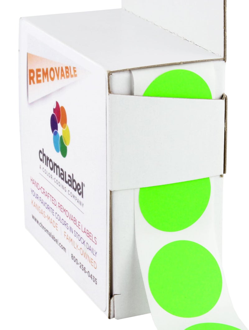 ChromaLabel 1 Inch Round Colored Stickers, High Visibility Removable Color Coding Labels, Easy to Write On Colored Sticker Dots - 1000 Stickers per Dispenser Box, Matte Finish Fluorescent Green - Image 1